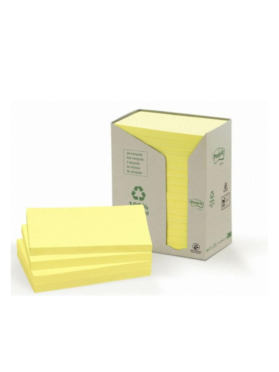 Notes adhésives Post-it 100% recyclé - 100 feuilles - tour de 16 blocs - 76 x 127 mm - Jaune