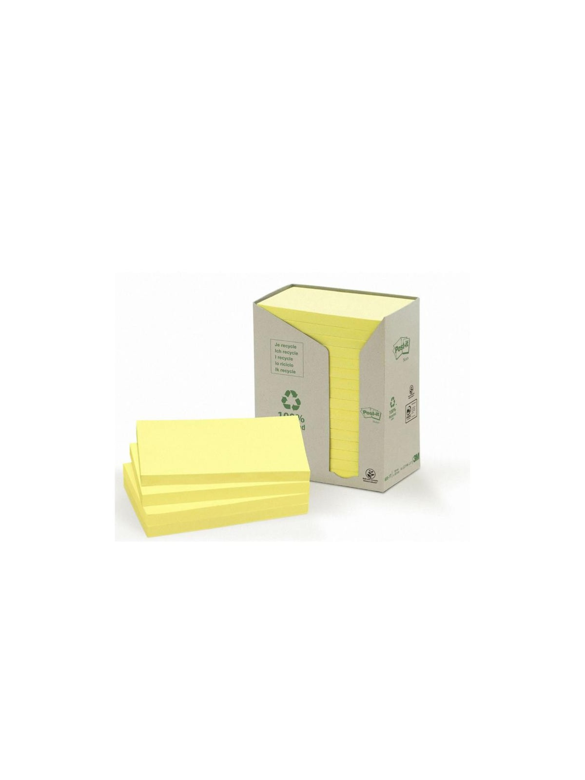 Notes adhésives Post-it 100% recyclé - 100 feuilles - tour de 16 blocs - 76 x 127 mm - Jaune