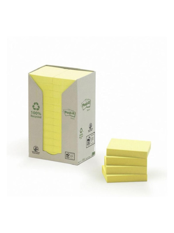 Notes adhésives Post-it 100% recyclé - 100 feuilles - 38 x 51 mm - Lot de 24 blocs - Jaune