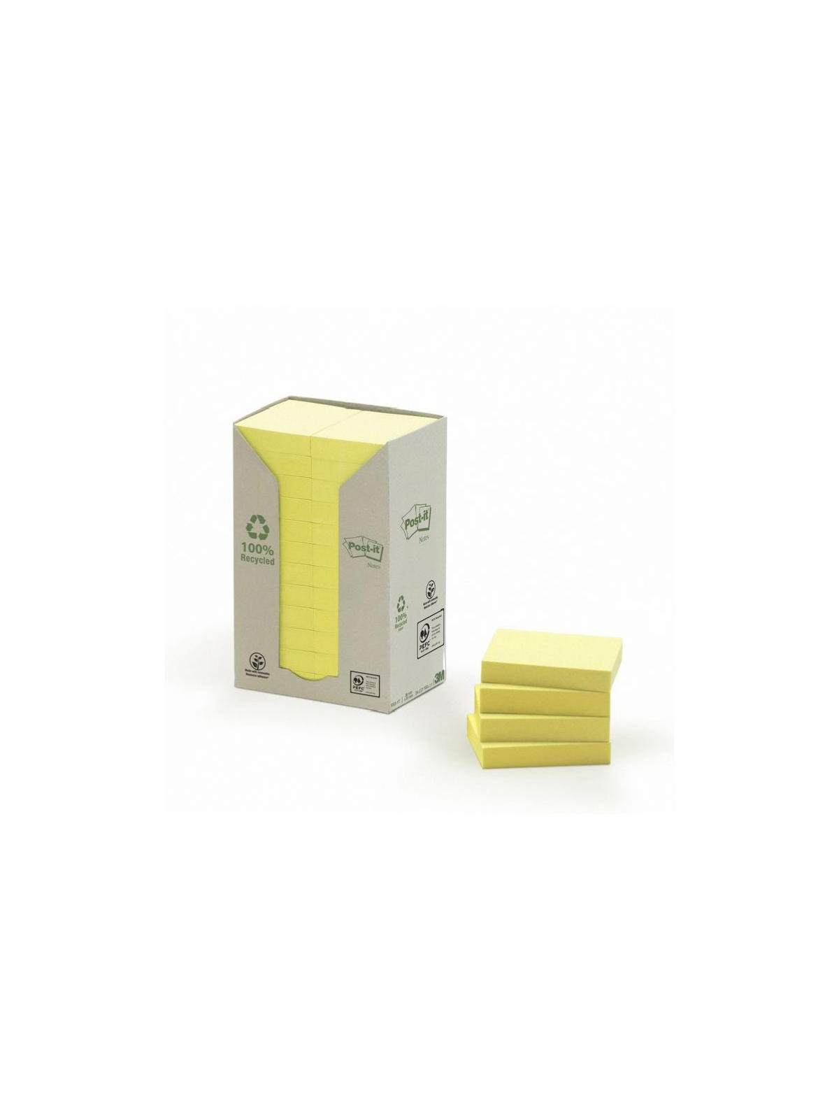 Notes adhésives Post-it 100% recyclé - 100 feuilles - 38 x 51 mm - Lot de 24 blocs - Jaune
