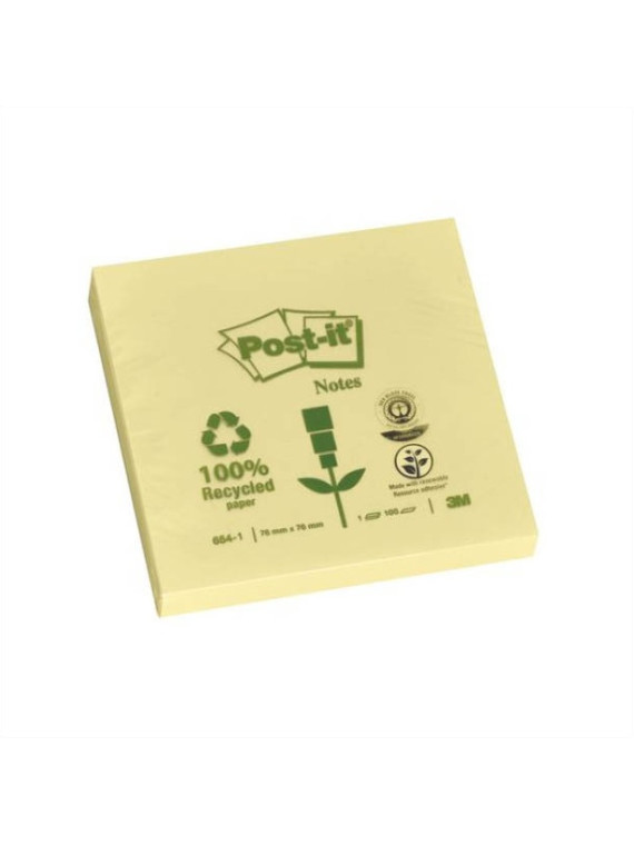 Notes POST-IT 100% recyclé 76 x 76 mm - Jaune - Lot de 6 blocs