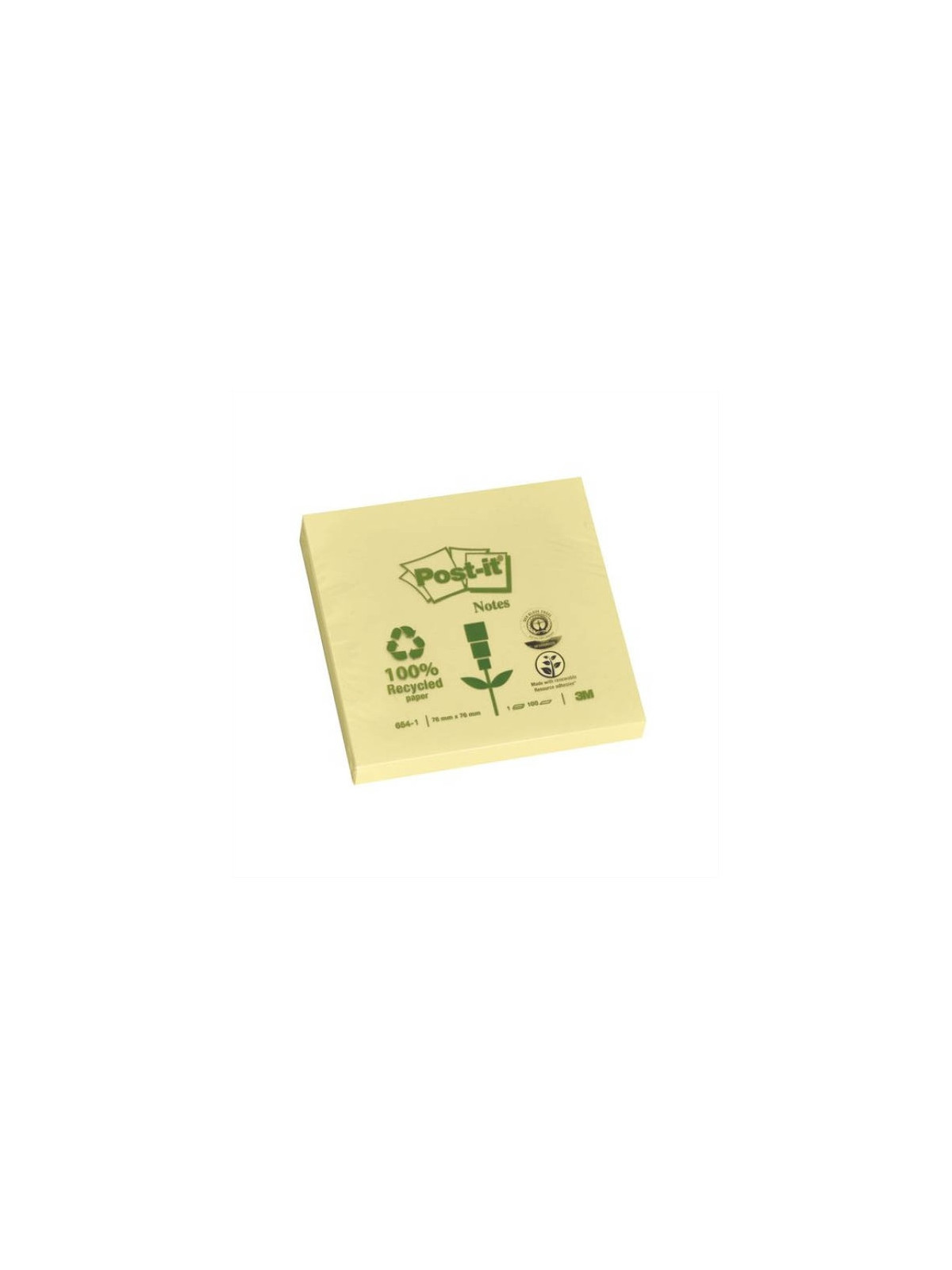 Notes POST-IT 100% recyclé 76 x 76 mm - Jaune - Lot de 6 blocs