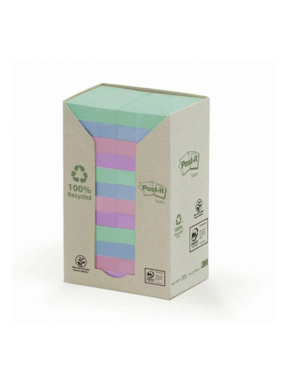 Notes adhésives Post-it 100% recyclé - 100 feuilles - 38 x 51 mm - Lot de 24 blocs - Coloris pastel assortis