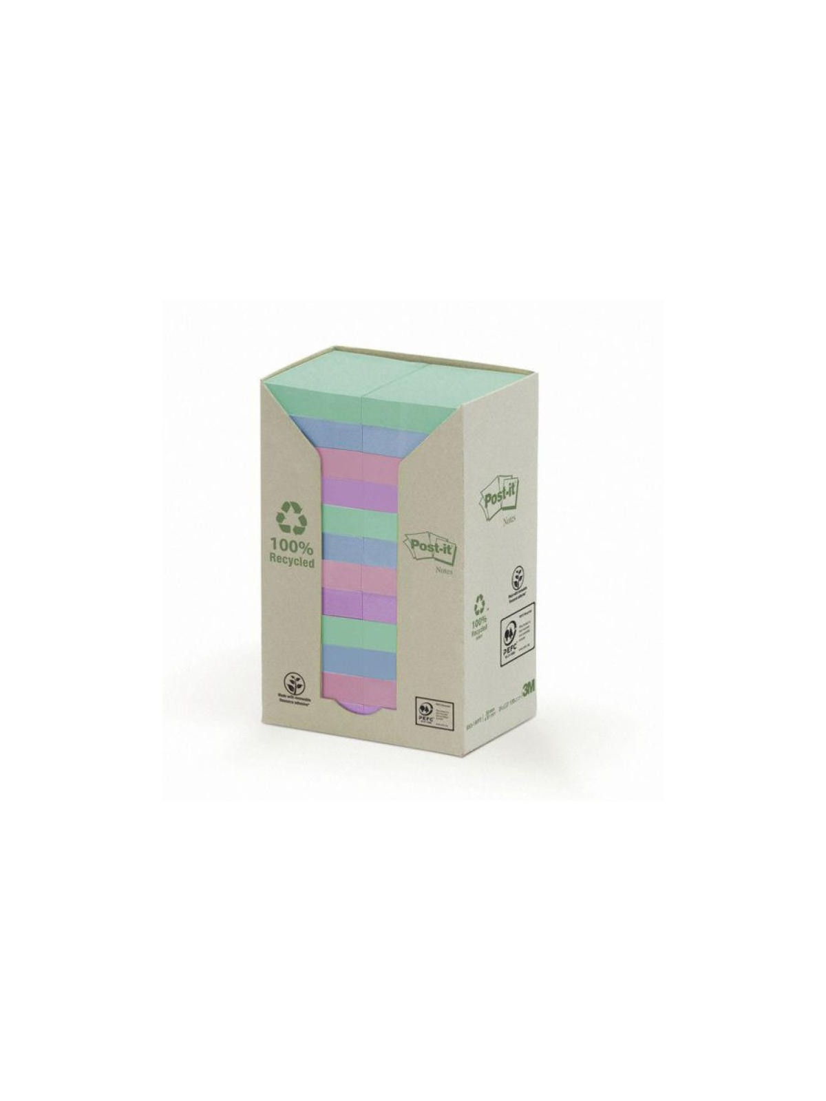 Notes adhésives Post-it 100% recyclé - 100 feuilles - 38 x 51 mm - Lot de 24 blocs - Coloris pastel assortis