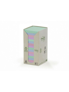 Notes adhésives Post-it 100% recyclé - 100 feuilles - Lot de 16 blocs - 76 x 76 mm - Coloris pastel assortis