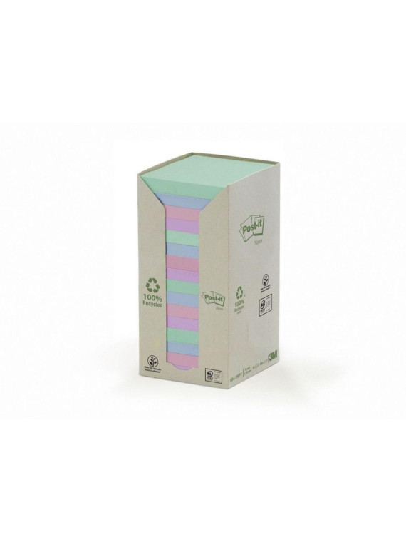 Notes adhésives Post-it 100% recyclé - 100 feuilles - Lot de 16 blocs - 76 x 76 mm - Coloris pastel assortis
