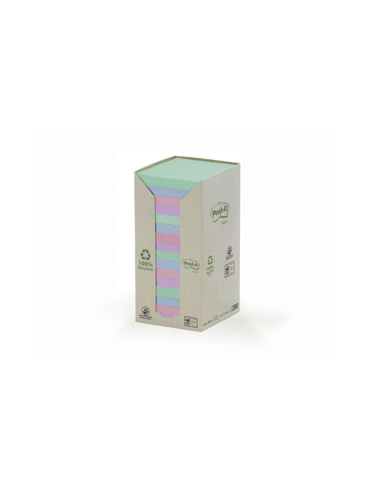 Notes adhésives Post-it 100% recyclé - 100 feuilles - Lot de 16 blocs - 76 x 76 mm - Coloris pastel assortis