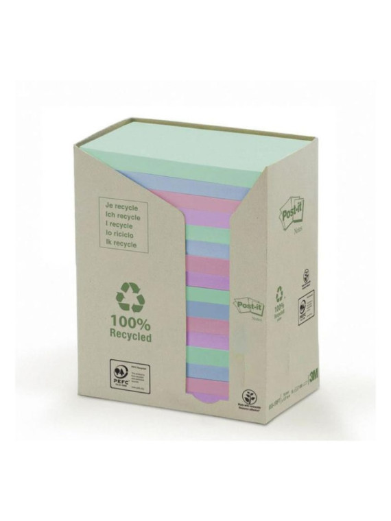 Notes adhésives Post-it 100% recyclé - 100 feuilles - 76 x 127 mm - Lot de 16 blocs-Coloris pastel assortis