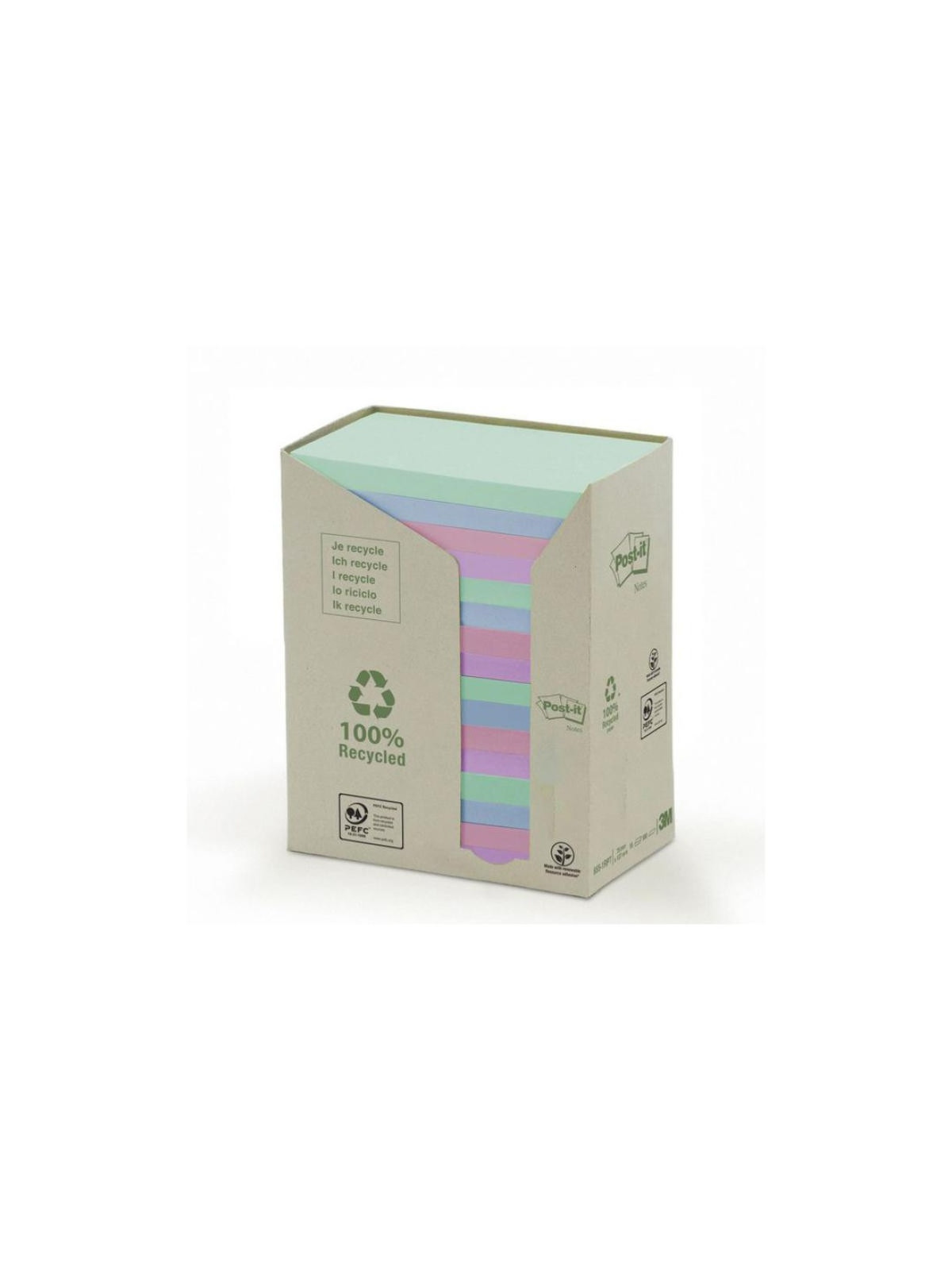 Notes adhésives Post-it 100% recyclé - 100 feuilles - 76 x 127 mm - Lot de 16 blocs-Coloris pastel assortis