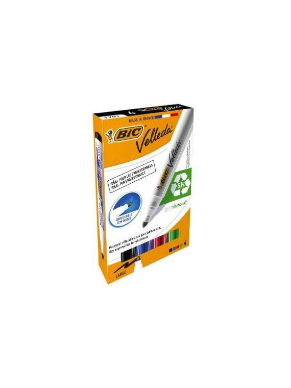 Pochette de 4 marqueurs effaçables à sec BIC Velleda 1701 pour tableaux blancs - Pointe ogive - Assortiment