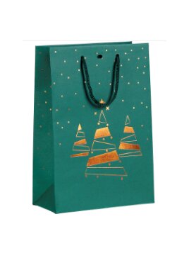 Sac papier vert, dorure à chaud cuivre "Bonnes Fêtes" et corde verte - 20 x 10 x 29 cm