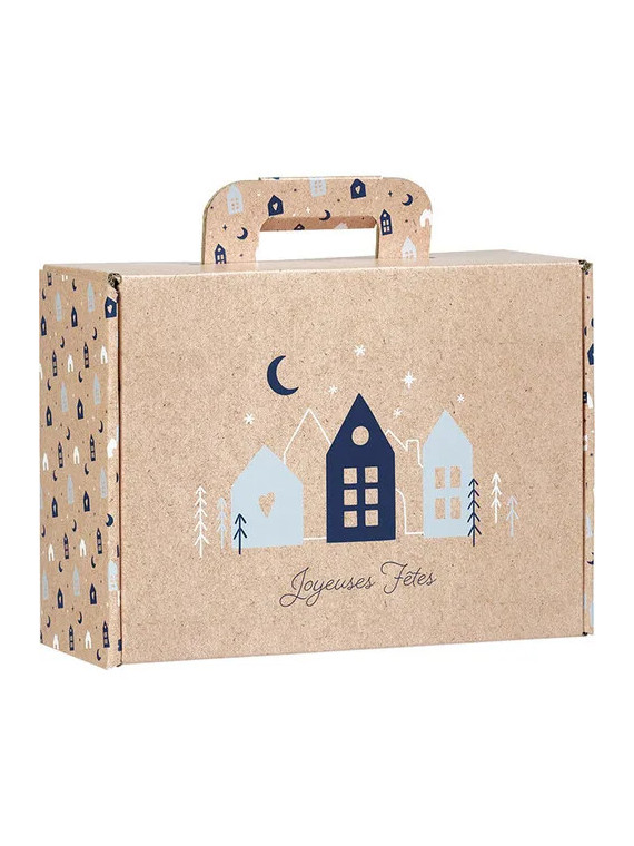 Valisette carton kraft rectangle OSLO bleu/blanc - 25.0 x 18.5 x 9.5 cm