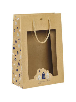 Sac papier OSLO bleu/blanc/fenêtre PET/poignées corde/œillet de fermeture - 20.0 x 10.0 x 29.0 cm