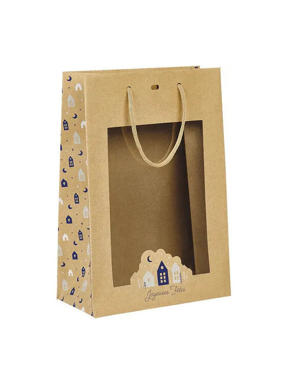 Sac papier OSLO bleu/blanc/fenêtre PET/poignées corde/œillet de fermeture - 20.0 x 10.0 x 29.0 cm