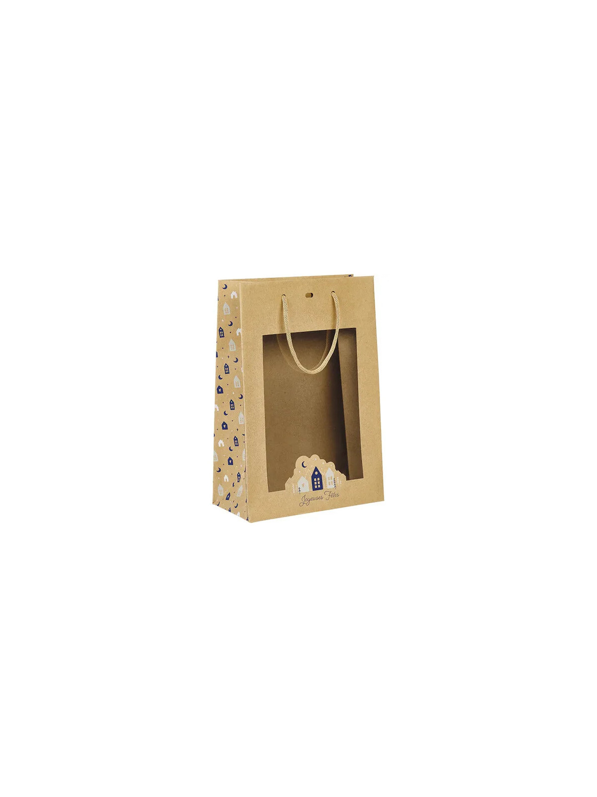 Sac papier OSLO bleu/blanc/fenêtre PET/poignées corde/œillet de fermeture - 20.0 x 10.0 x 29.0 cm