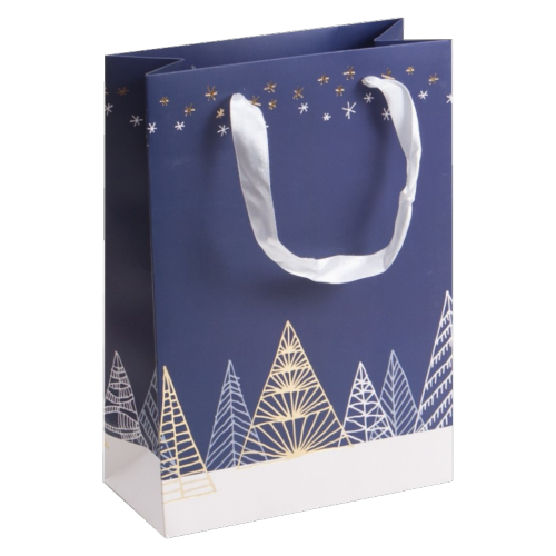 Sac carton déco sapins bleus avec dorure 19 x 9 x 27 cm