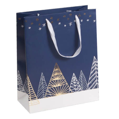 Sac carton déco sapins bleus avec dorure 26 x 12 x 32 cm