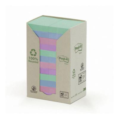 Notes adhésives Post-it 100% recyclé - 100 feuilles - 38 x 51 mm - Lot de 24 blocs - Coloris pastel assortis