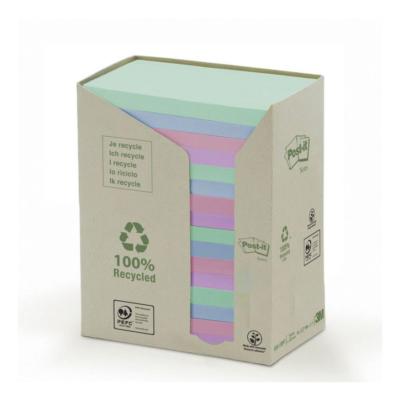 Notes adhésives Post-it 100% recyclé - 100 feuilles - 76 x 127 mm - Lot de 16 blocs-Coloris pastel assortis