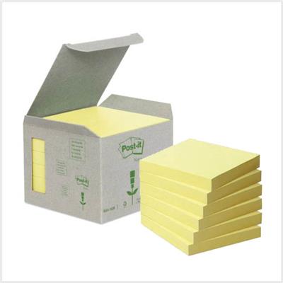 Notes POST-IT 100% recyclé 76 x 76 mm - Jaune - Lot de 6 blocs