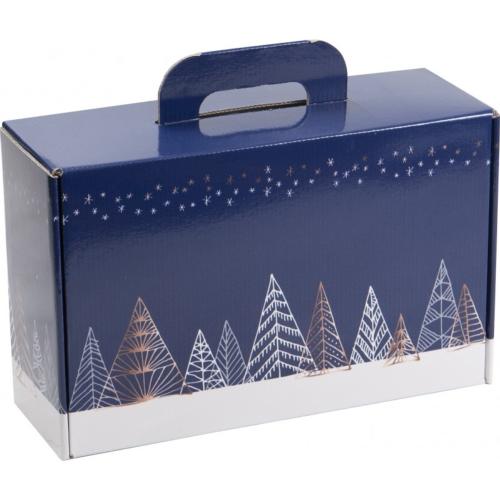 Valisette carton déco sapins bleus - 41.5 x 33 x 12.5 cm